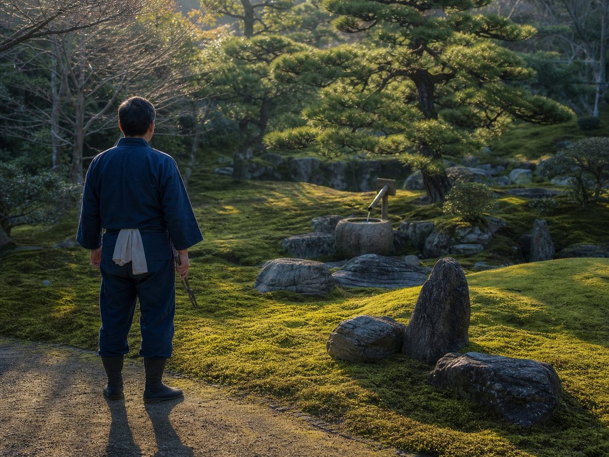 仕上がった庭を眺める職人の後ろ姿